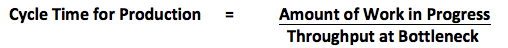 Equation: Cycle time for production = Amount of work in progress/Throughput at bottleneck
