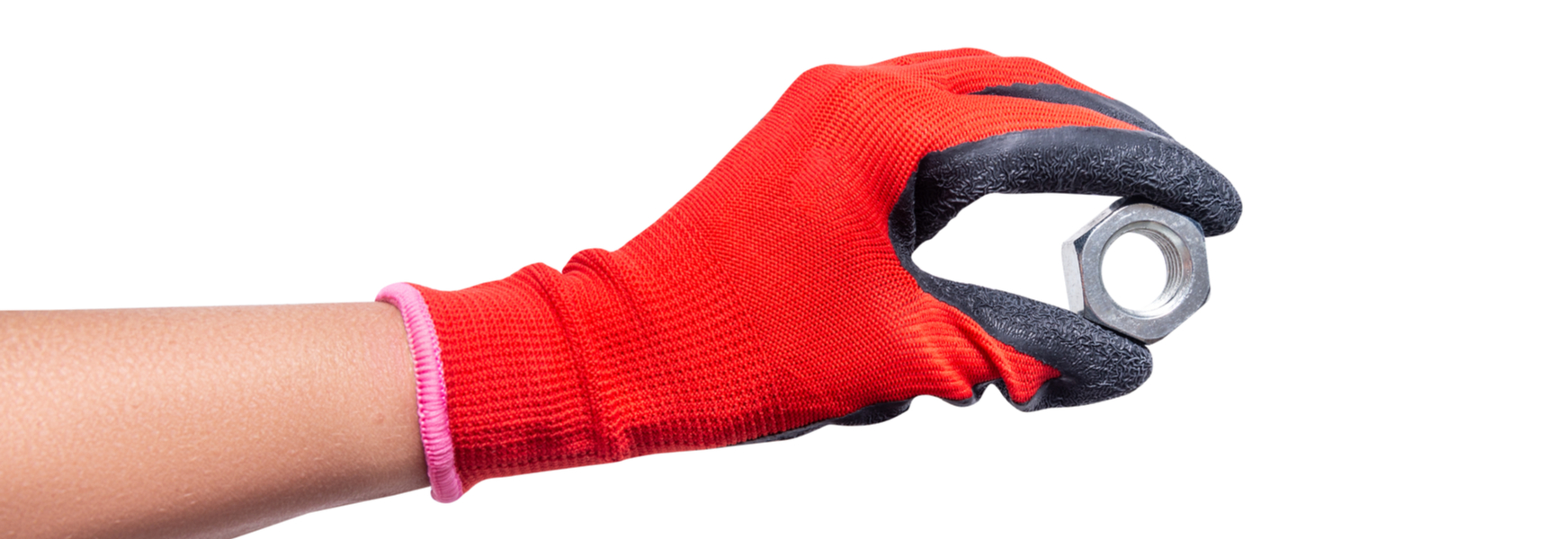 Worker with rubbberized glove holding a nut screw