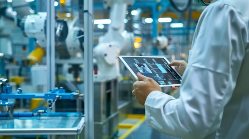 factory worker using tablet to control factory processes