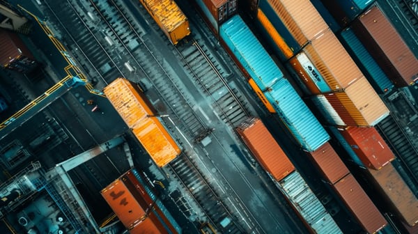birdseye view of shipping yard with cargo importing inland