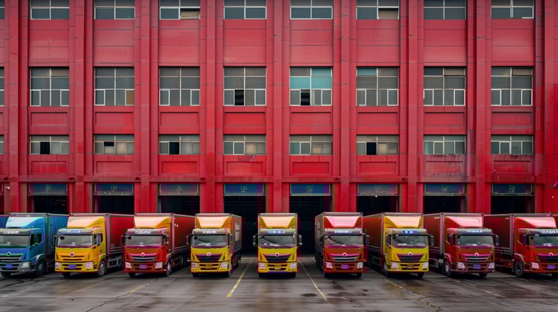 trucks/lorries outside a chinese factory