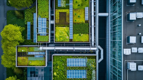 a top down view of a factory with a roof top farm, and solar panels