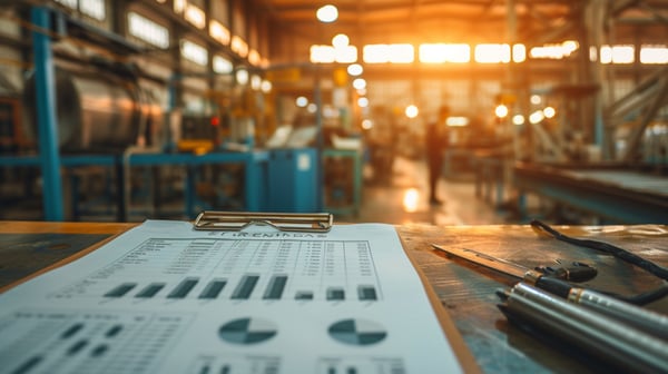 financial information on a clip board inside the factory floor