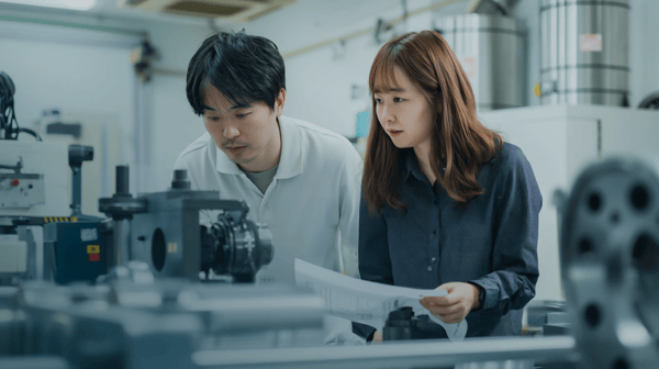 Engineers reviewing blueprints in a factory