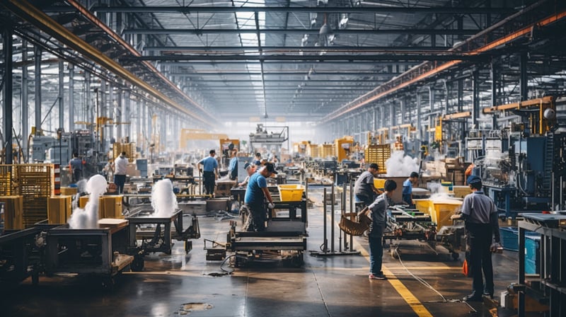the inside of a factory with workers setting up the factory