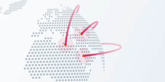image of globe with arrows across different countries, depicting factory relocation