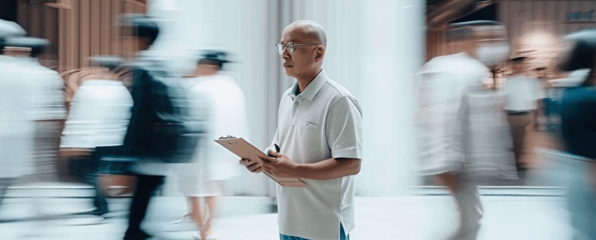 man holding a clipboard, standing amongst a crowd