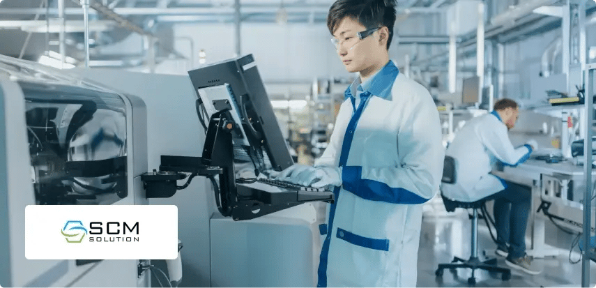 people working inside factory, with lonestar technology logo
