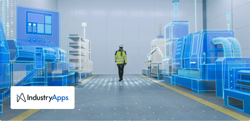 person inside a factory, with high tech equipment, with industryapps logo
