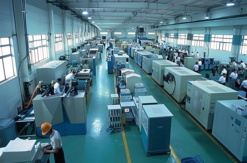 A large industrial manufacturing floor filled with workers operating various machinery.