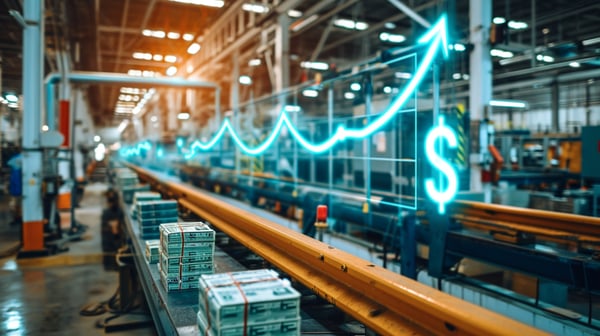 the interior of a factory line, with a diagram of a dollar sign and an arrow trending upwards symbolising the upwards trend of EBITDA of a factory