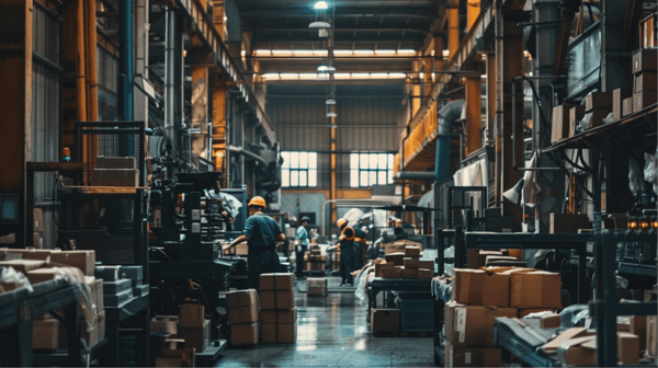 interior of a factory with factory workers packing up equipment