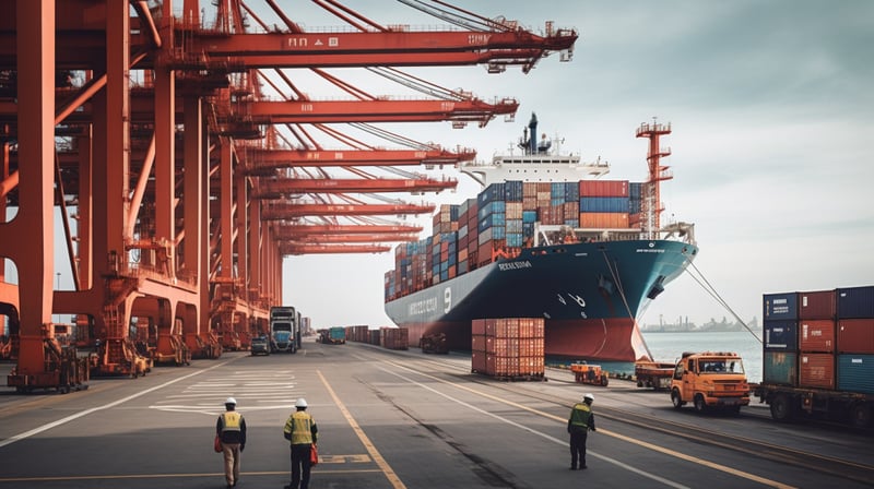 a large container shipping parked next to a dock with lorries, containers, cranes, and people working on the doc