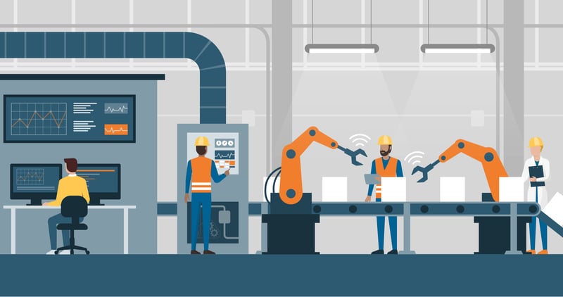 Graphic of a manufacturing belt with workers working on it