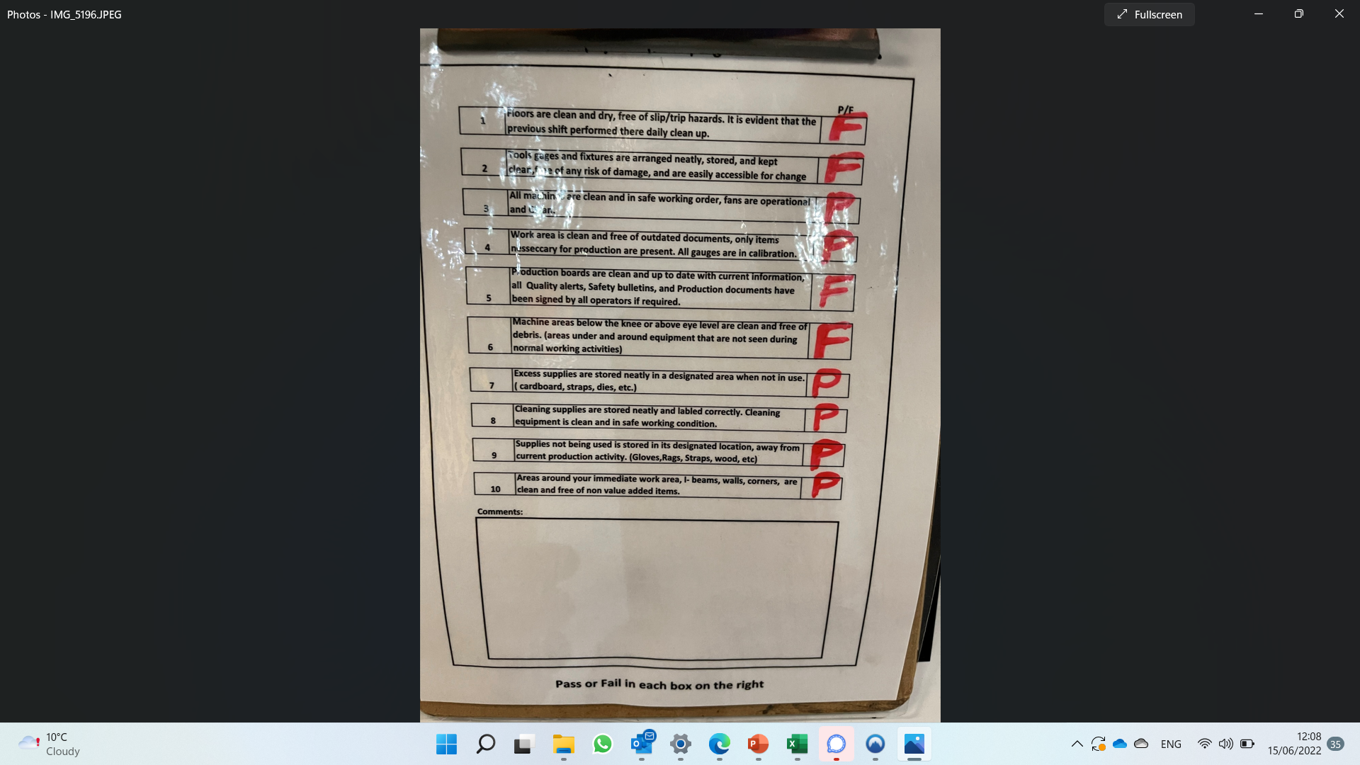 Factory housekeeping audit checklist showing mostly failing grades