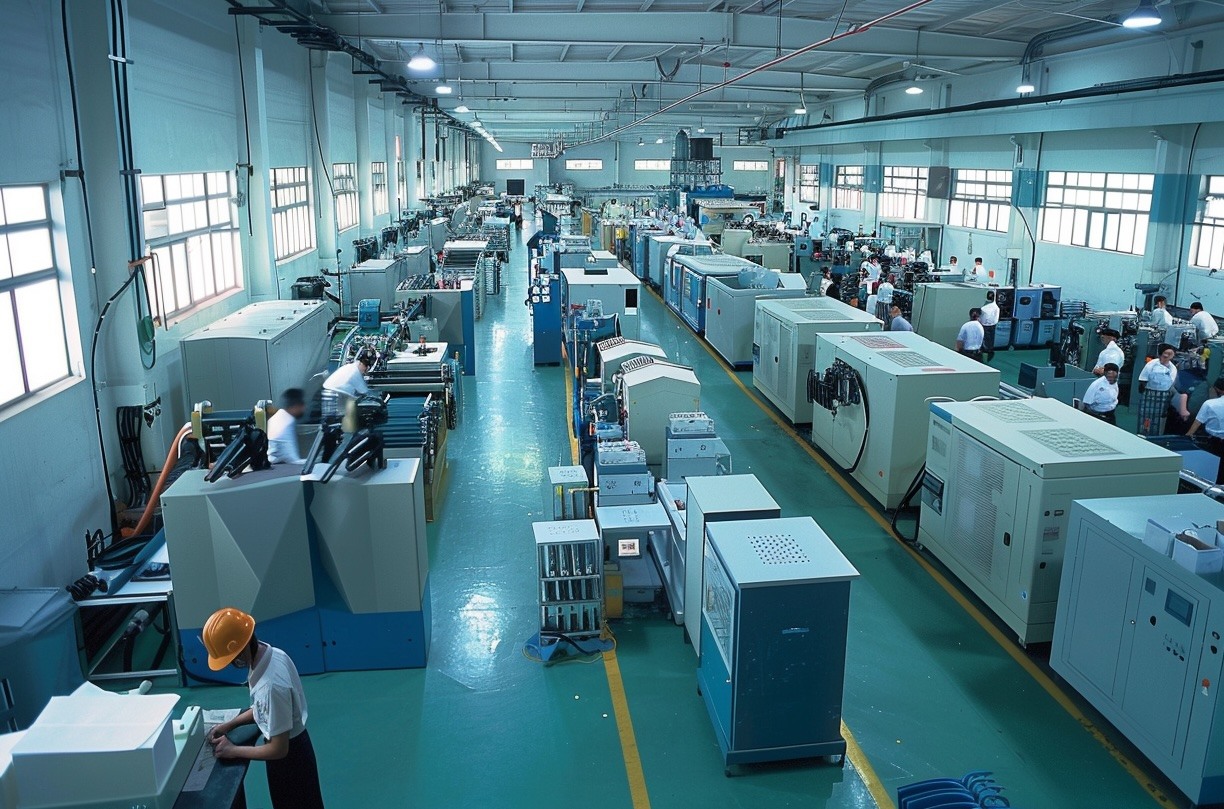 A large industrial manufacturing floor filled with workers operating various machinery.