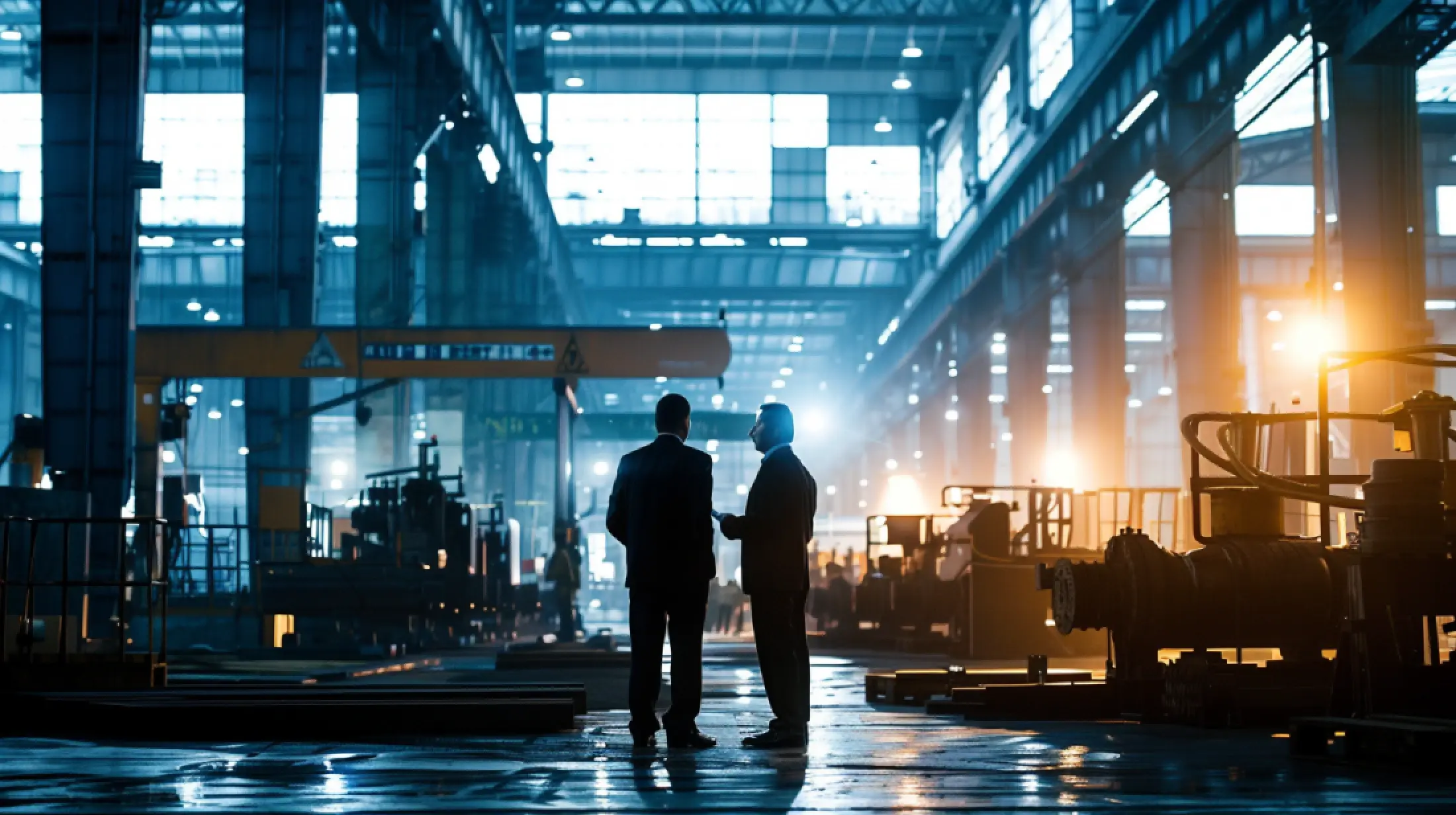 two businessmen working inside a factory floor